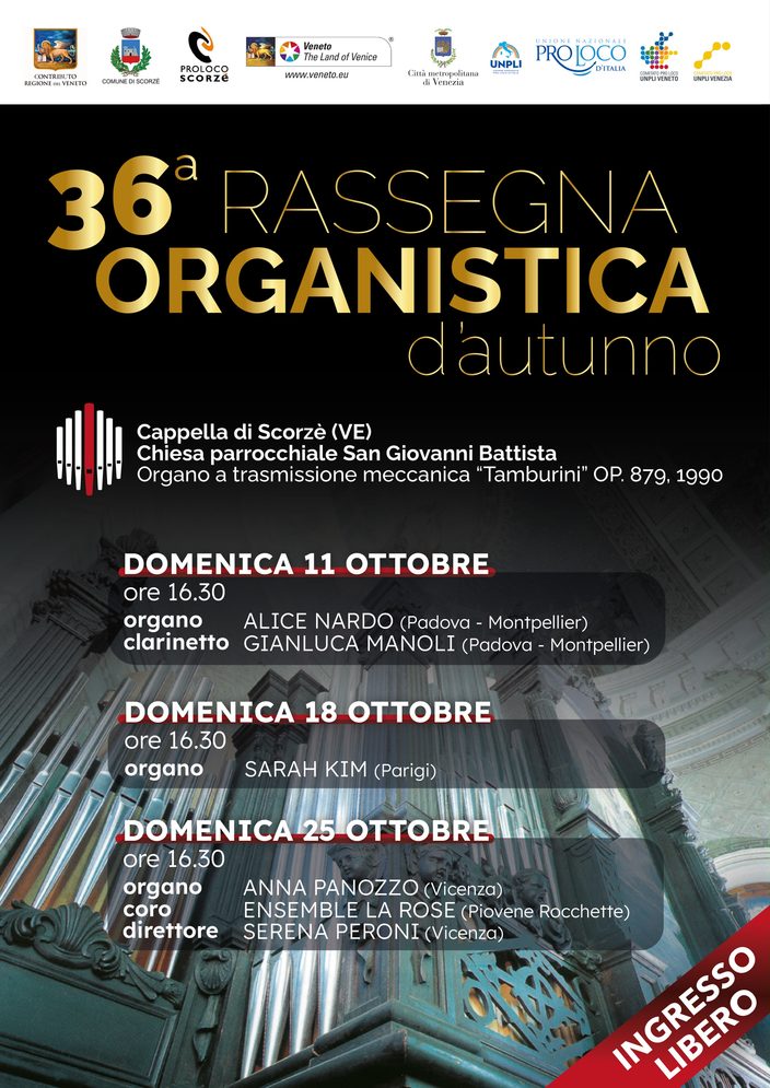 Locandina della 36ª Rassegna Organistica d'Autunno, concerti dell'11, 18 e 25 ottobre nella chiesa di San Giovanni Battista a Cappella di Scorzè